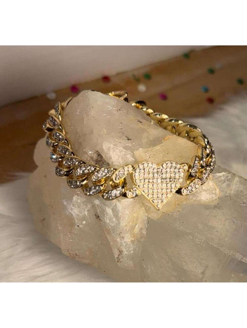 Bracelet woman’s Cuban link manmade diamonds gold plated 6” long 3/4” wide